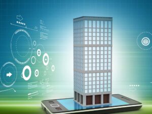 Digital image of a smart phone with a building coming out of it.